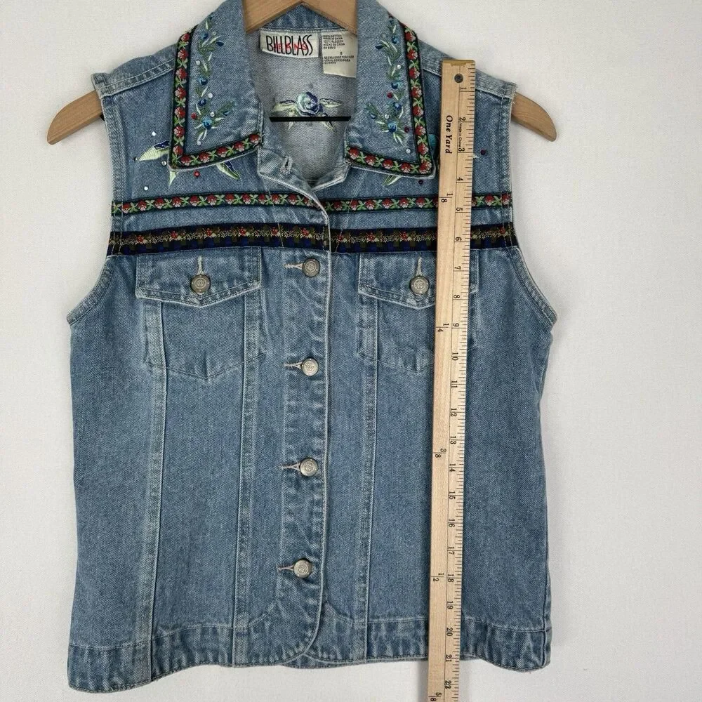 Vtg Y2K Bill Blass Vest Womens Small Blue Embroidered Festival Boho Hippie Denim